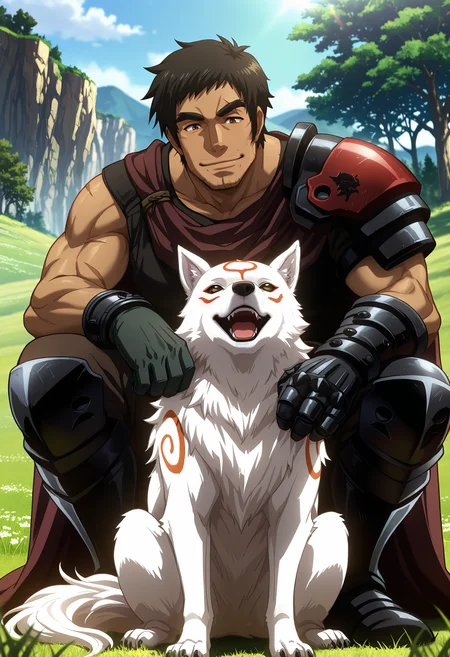 best quality, masterpiece, anime_screencap, hi res, best_quality, very aesthetic, absurdres, 8k, Kva1t,
1boy, male_focus,
brown_eyes, black_hair,
scar, manly,muscular, thick eyebrows, facial hair, stubble, sideburns,
smile, happy,
armor, cape, shoulder armor, pauldrons, shoulder pads, gauntlets, gloves, greaves,
kuroinu emblem, squatting, bent down to pet his wolf,
amaterasu_\(okami\), wolf, animal, beautiful lighting, ray traced, outdoors, meadow, tree, cliff, day, sunshine