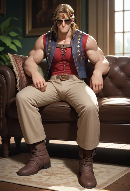 score_9, score_8_up, score_7_up, score_6_up, 1boy, male, muscular, (full body view:2), indoors, sitting, sofa, simon belmont, simonbel, USA flag bandana, sunglasses, facial stubble, red shirt, studded vest, black vest, beige pants, brown boots,