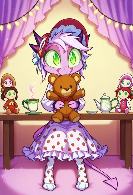 Dreamkeepers,1girl,Prelude_Namah,solo,demon tail, green eyes, horns,
child, kid,
sits at a tiny pastel-pink table in her room, surrounded by plush toys. She pours imaginary tea into a doll-sized cup, wearing a frilly lace bonnet and a dress with strawberry prints. Her mismatched socks peek out under the table, and her eyes widen with exaggerated seriousness as she “serves” a teddy bear. A stray cookie crumb clings to her cheek, and fairy lights twinkle overhead like gentle stars, stuffed_animal, tea_party, frilly_dress, bonnet, strawberry_print, mismatched_socks, indoors, fairy_lights, dollhouse