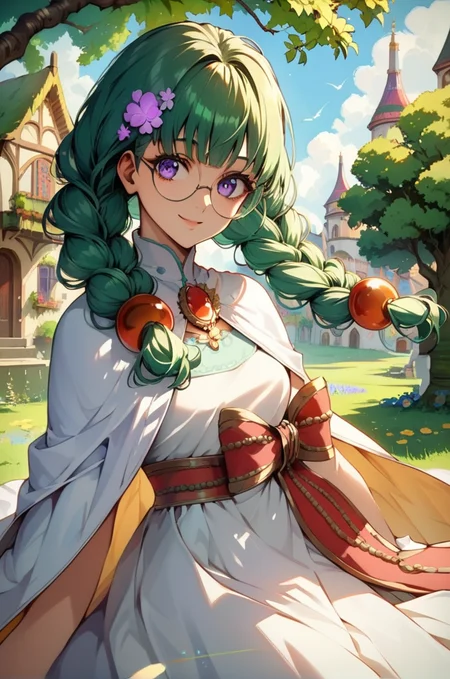 score_9, score_8_up, score_7_up, very aesthetic, source_anime, detailed, high quality, beautiful, masterpiece, detailed eyes, 
<lora:lightXL:0.8>
village, tree, flowers,
cowboy shot,  close up, 
light smile, dynamic pose,  medium breasts, looking at viewer,
<lora:philia_autismConfetti_v01:0.99>
philia felice, 1girl, twin braids, green hair, purple eyes, long hair, hair ornament, glasses, round eyewear, 
brooch, dress, white dress, long dress, cape,, zPDXL