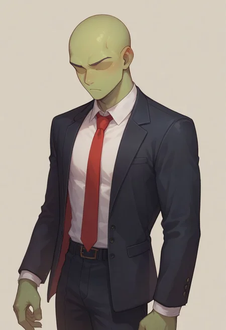 score_9, score_8_up, score_8,
1boy, solo, green skin, no eyes, no eyebrows, bald, black business suit, white under shirt, red tie, black suit pants, average body, cowboy shot,