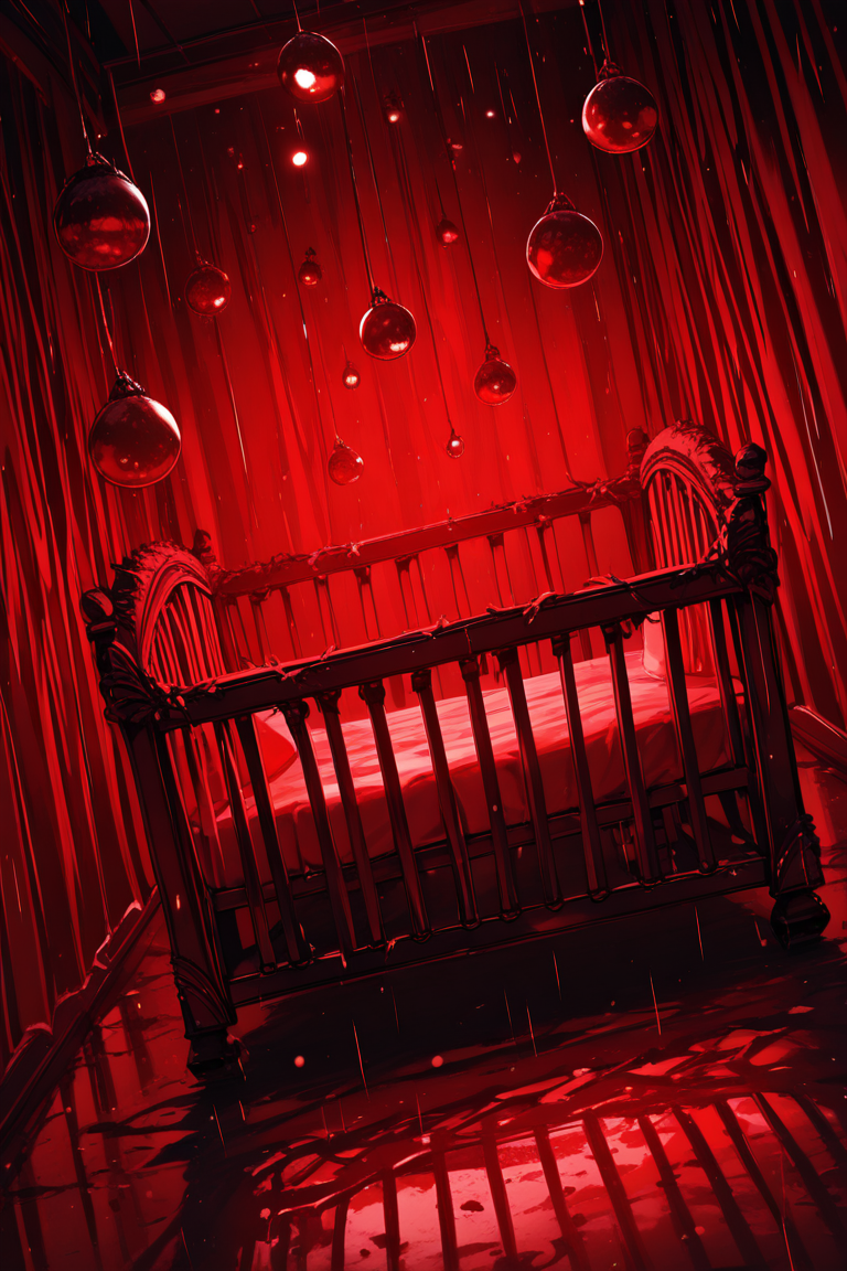 realistic shading, dim lighting, red theme, horror (theme), dacrib, christmas-crib focus, dacrib_christmas ornaments, no humans, indoors, dark environment, raining outdoors, dutch angle, dynamic angle, intricately detailed illustration, masterpiece, best quality, amazing quality, very aesthetic, absurdres, newest