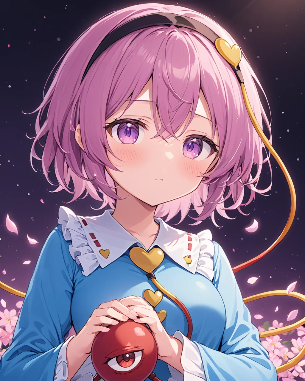 komeiji satori,1girl, solo, blue_shirt, third_eye, black_hairband, upper_body, frilled_shirt_collar, long_sleeves, looking_at_viewer, heart_hair_ornament, closed_mouth, blush, twitter_username, blouse, wide_sleeves, heart_button, frilled_sleeves, sparkle, artist_name, holding, petals
<lora:komeiji_satori_image6571_2023-12-17-000006:1>,star-shaped_pupils,symbol-shaped_pupils,. gorgeous,key visual, vibrant, studio anime,award-winning, professional, highly detailed,high budget, cinemascope