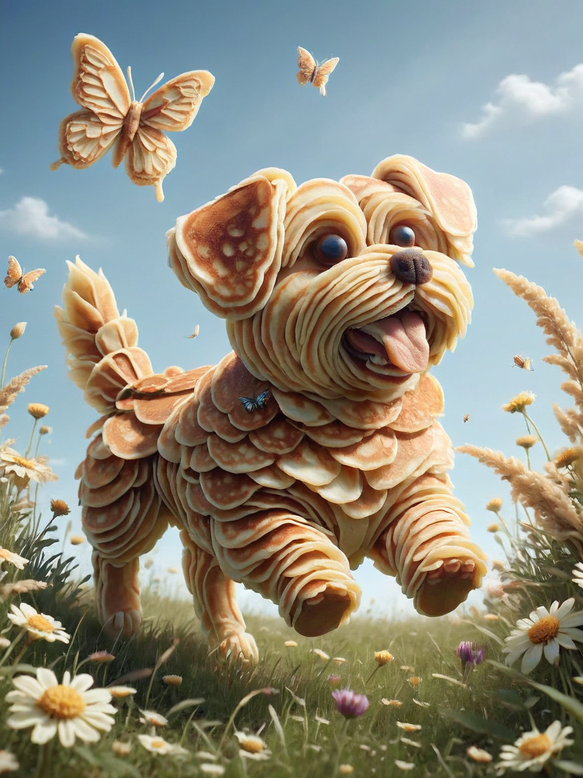 An ais-pncks dog gleefully chasing butterflies in a meadow <lora:ais-pncks-sdxl:1>