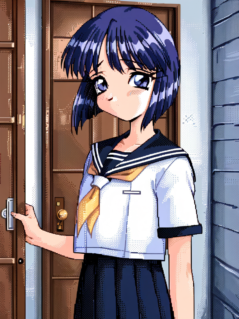 1girl, kaede, kizuato, school uniform,standing, looking at viewer, retro artstyle,
school uniform, serahuku,
standing in front of house door, wall, in countryside, in outdoor, (cowboy shot), 
(long shot:1.5),
(from front:1.5),
masterpiece, best quality, very aesthetic, absurdres, latest, retro artstyle
<lora:kaede-xl-v2-000020:0.8>