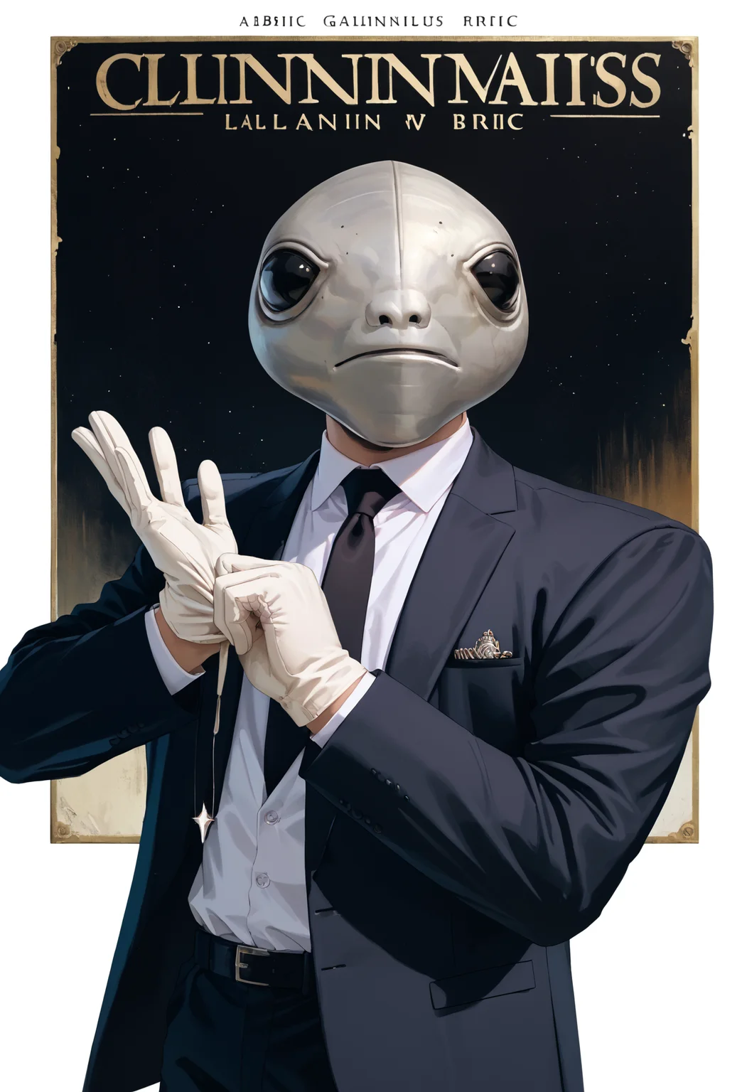 score_9, score_8_up, score_7_up, 1boy, formal suit, upper body, black blazer, white shirt, collared shirt, black tie, looking up, albinauric_mask, political campaign posters, standing proudly, illumination, spot light,
enhancement, <lora:ryth-albinauric-mask:1>, <lora:AdjustingGloves_XLPD:1> adjusting clothes, adjusting gloves, black gloves,