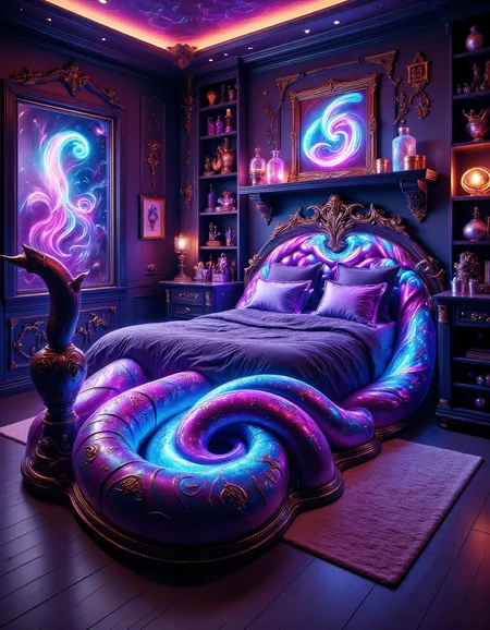 This image is a photograph of a surreal, chaotic bedroom designed to evoke the theme of Tzeentch, the Changer of Ways from the Warhammer 40k universe. The room is painted in deep, mystical blues and purples, with swirling patterns that seem to shift and move across the walls. The bed, which is the central focus, is shaped like a twisting, arcane symbol, with serpentine curves and sharp edges. The pillows are a deep, iridescent purple, and a shimmering, multi-hued blanket, resembling the changing colors of a warp storm, is draped over the bed. The bed is positioned against a wall adorned with runes and symbols, glowing faintly in an eerie, otherworldly light. Above the bed, a dark shelf holds various decorative items, including a framed picture of an ever-changing abstract form, a strange, twisted vase, and a small, otherworldly figure: all imbued with the essence of Tzeentch.
<lora:Custom_Bed_Manufacturer_FLUX:0.8> <lora:aidmaGLOWV4wc:0.8> aidmaGlow <lora:Touch_Of_Tzeentch_-_WorldMorph_-_Warhammer_40000_Flux:0.8>