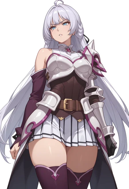Smooth Quality,masterpiece,very intricate, high quality details, ultra realistic, high detailed skin,detailed enviorement,absurdres,
simple background, white background,
,from below,parted lips,scowl,
<lora:Crylet_Kureha_cnn:0.8>
kurehacnn,1girl,bangs, blue eyes, ahoge, mole, bare shoulders, grey hair, very long hair,
armor, skirt, thighhighs, detached sleeves, breastplate, belt, shoulder armor, gauntlets,