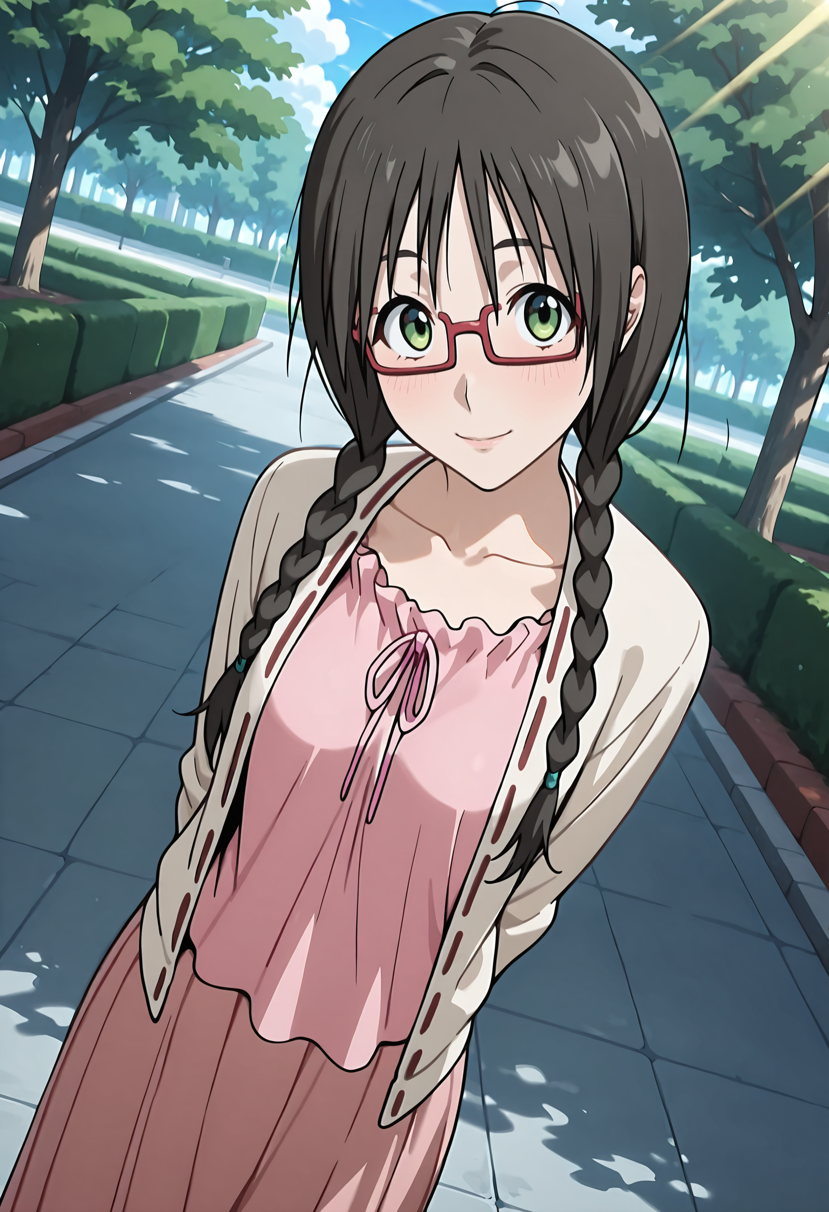 best quality, amazing quality, perfect quality, high quality, masterpiece, absolutely eye-catching BREAK
<lora:Over_Drive_-_Kaho_Asahi:1> OverDriveKaho, green eyes, black hair, long hair, twin braids, hair over shoulder, choppy bangs, red-framed eyewear, small breasts BREAK
white cardigan, pink shirt, pink skirt, long skirt BREAK
outside, park, tree, blue sky, sunbeam BREAK
1girl, solo, hands behind back, head tilt, looking at viewer, light smile, dutch angle, cowboy shot, from above