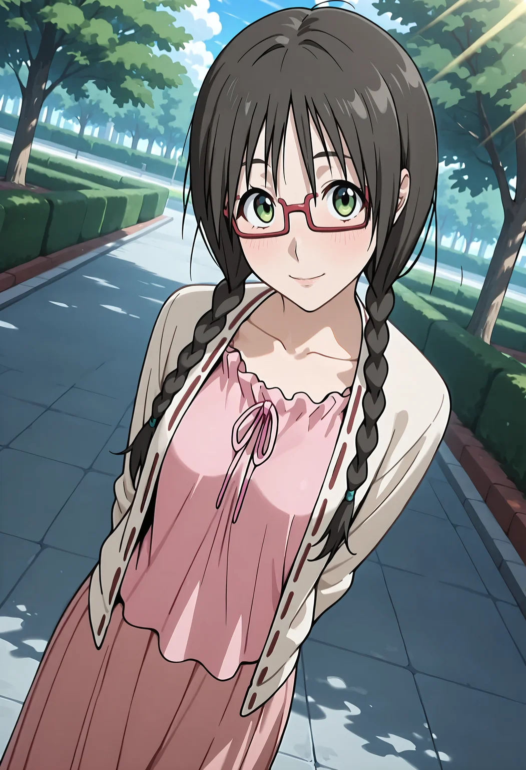 best quality, amazing quality, perfect quality, high quality, masterpiece, absolutely eye-catching BREAK
<lora:Over_Drive_-_Kaho_Asahi:1> OverDriveKaho, green eyes, black hair, long hair, twin braids, hair over shoulder, choppy bangs, red-framed eyewear, small breasts BREAK
white cardigan, pink shirt, pink skirt, long skirt BREAK
outside, park, tree, blue sky, sunbeam BREAK
1girl, solo, hands behind back, head tilt, looking at viewer, light smile, dutch angle, cowboy shot, from above