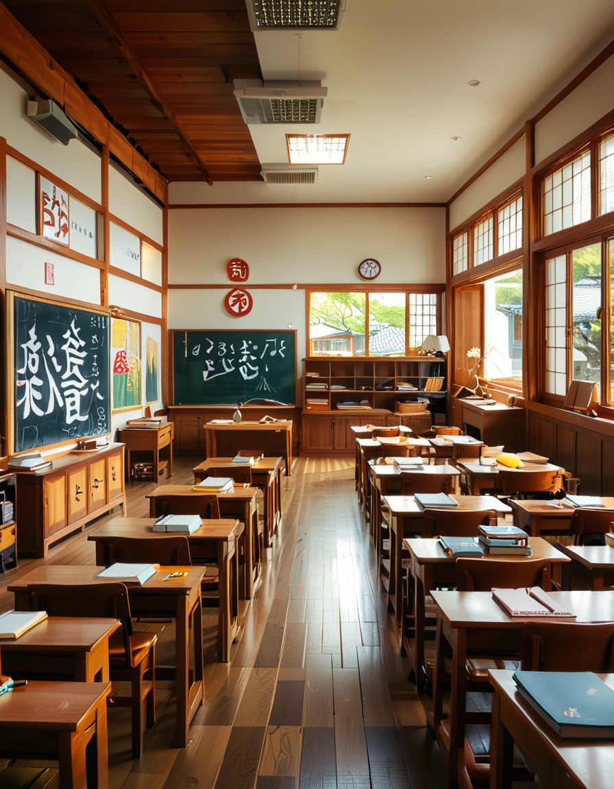 A traditional Japanese classroom during daytime, filled with wooden desks and chairs neatly arranged in rows. Large windows on one side let in natural light, showing a view of cherry blossom trees outside. The room has a chalkboard at the front with neatly written Japanese characters, and a teacher's desk with books and stationery. Educational posters with kanji and hiragana hang on the walls, alongside a clock above the board. The floor is polished wood, reflecting the soft sunlight. The atmosphere is calm and orderly, evoking a nostalgic and warm feeling. The image is highly detailed, realistic, and well-lit, capturing the traditional Japanese school environment.
<lora:SDXLFaeTastic2400:0.4> <lora:extremely_detailed:0.4> extremely detailed, <lora:Japanese_cl4ssr00m:1>,Japanese cl4ssr00m, Masterpiece,best quality,hi res,8k,hi res,8k,award winning,(sharp focus, intricate, highly detailed),