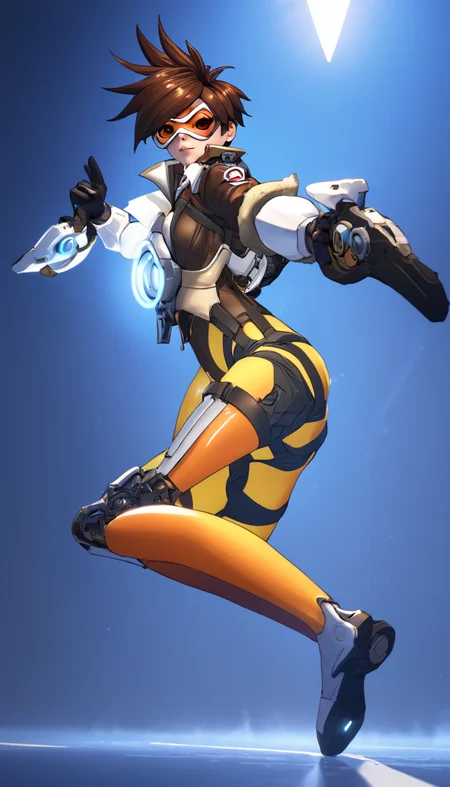Cinematic scene, hero view, Tracer, Overwatch <lora:tracer_xl_v1:1>, action pose, detailed background, masterpiece, best quality, high quality, highres, absurdres
