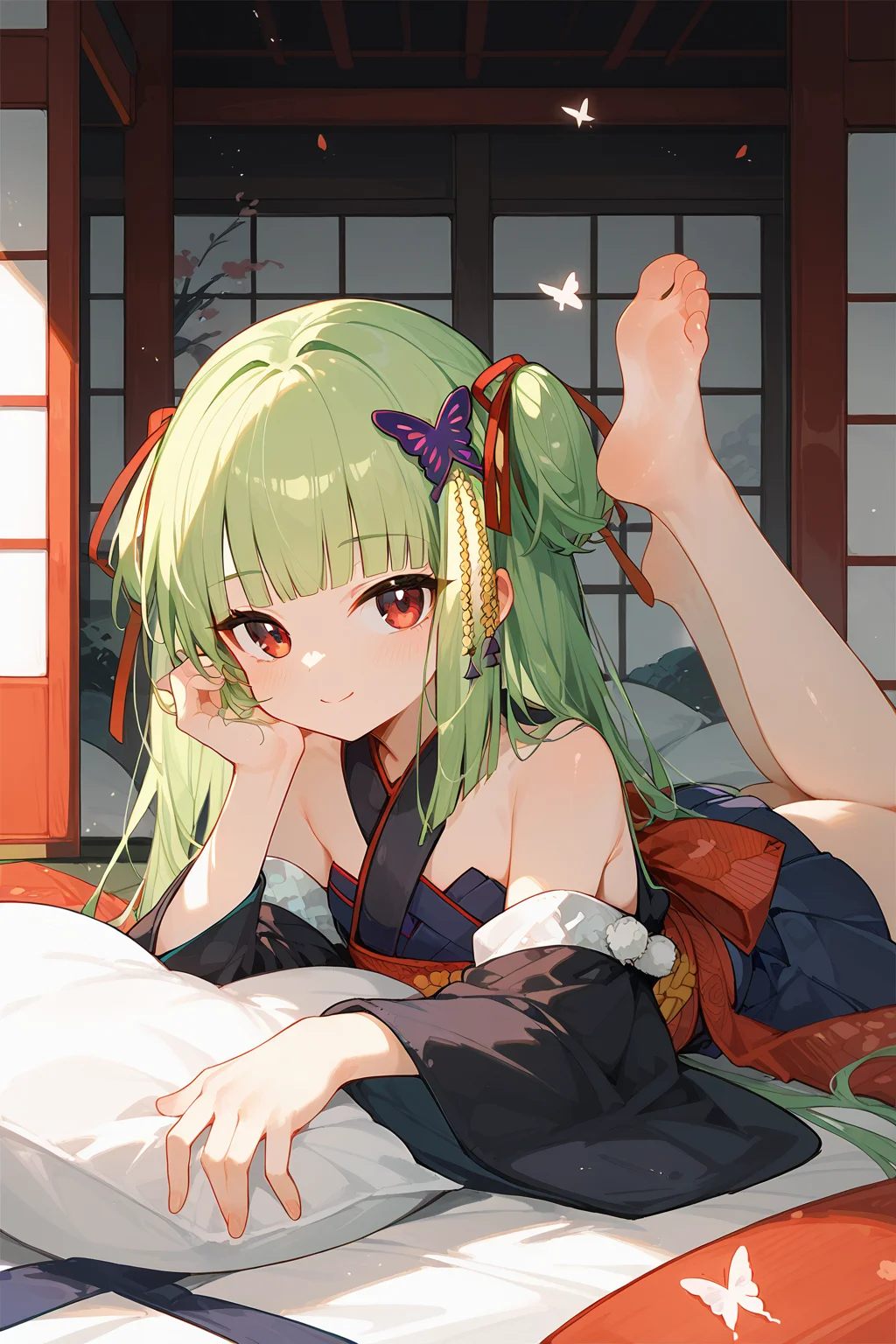 (score_9,score_8_up,score_7_up),<lora:congyu(Senren Banka)-v1:1>,congyu(Senren*Banka),1girl,solo,long hair,hair ornament,green hair,barefoot,on stomach,lying,smile,butterfly hair ornament,japanese clothes,skirt,ribbon,looking at viewer,hair ribbon,the pose,bangs,bare shoulders,indoors,red eyes,legs up,pleated skirt,kimono,blunt bangs,feet,soles,detached sleeves,sliding doors,pillow,sash,blue skirt,blush,closed mouth,
good feet,anime,NSFW,expressive,amazing quality,ultra hd 32k,