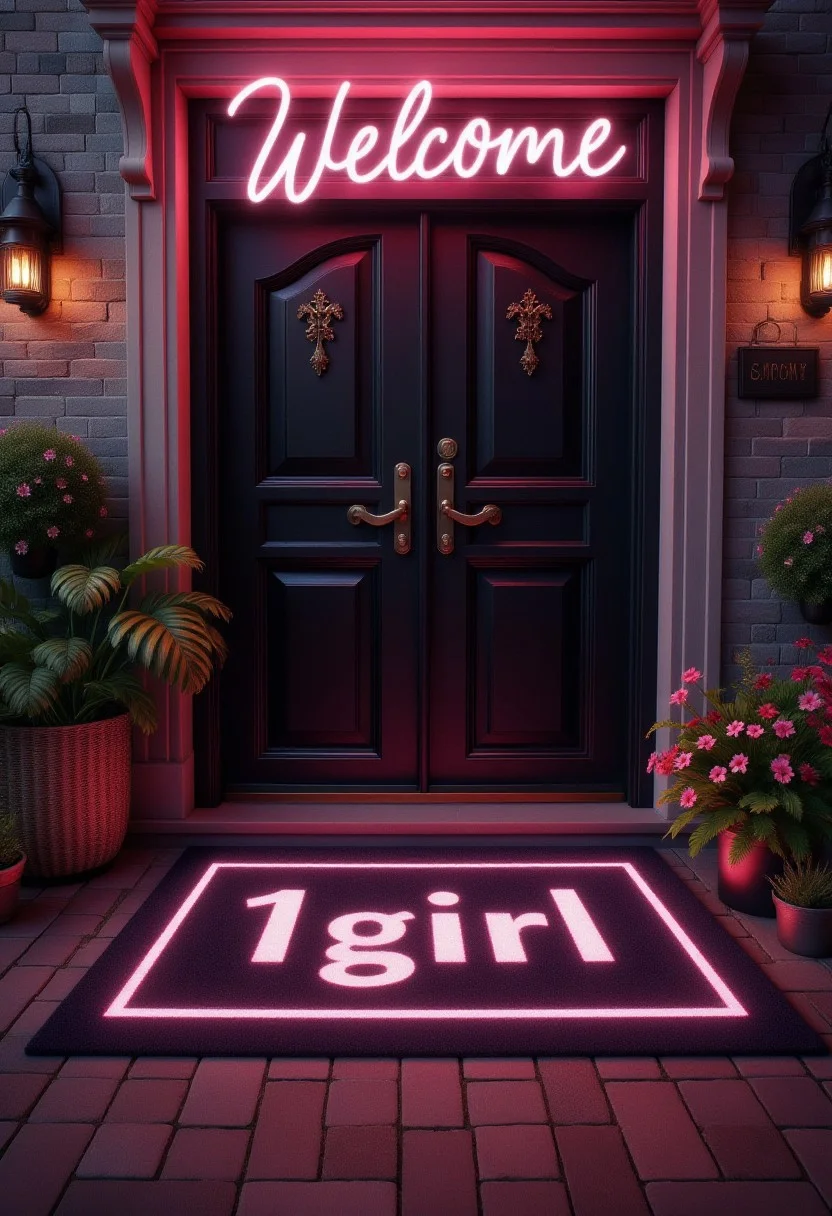 a fancy welcome mat placed in front of a disco, the mat features the phrase "1girl"