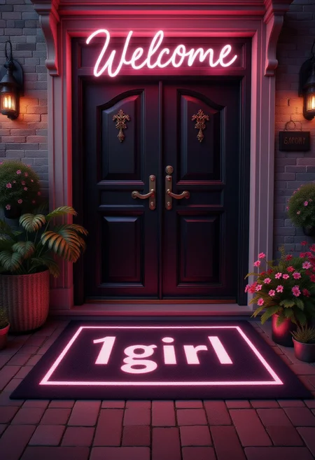 a fancy welcome mat placed in front of a disco, the mat features the phrase "1girl"