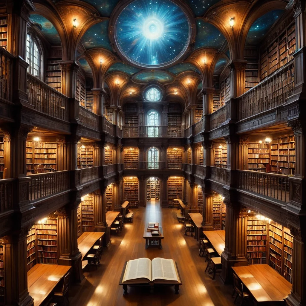 A sprawling, magical library filled with books that transport readers to the worlds they describe upon being read.,