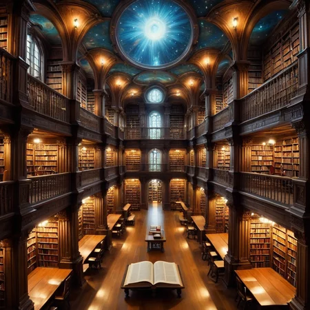 A sprawling, magical library filled with books that transport readers to the worlds they describe upon being read.,