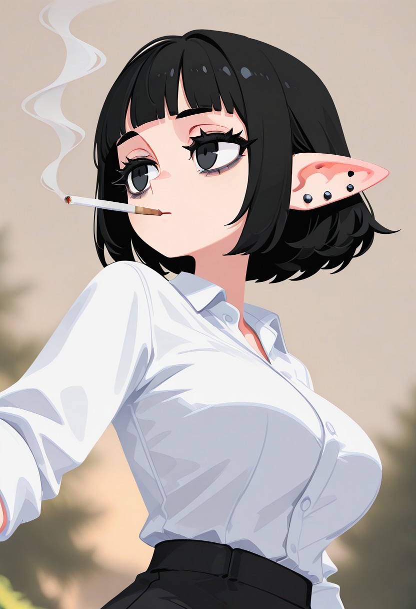 fabulosity_style, best quality, no lineart, no outline, flat color, blurry background, depth of field, thick eyelashes, 1girl, detailed eyes, black eyes, pointed ears, smoking, side view, cool pose, large breasts, bags under eyes, tired, office shirt, from below, blunt bangs, ear piercing