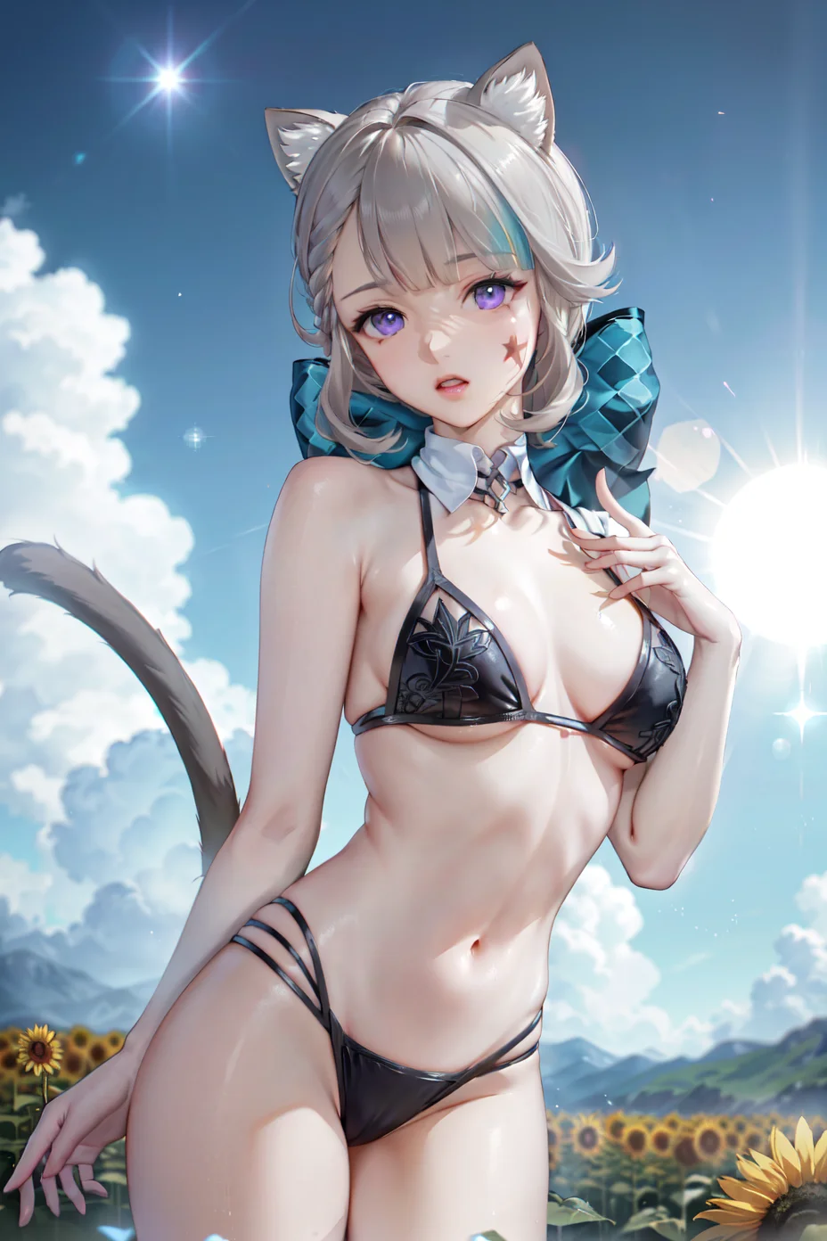 (8k, best quality, masterpiece), (ultra-detailed:1.1), (high detailed skin),
an extremely delicate and beautiful girl, dynamic angle, chromatic aberration, ((colorful)), movie, //, lens flare, dramatic, coastal, blue eyes, blue sky, floatingflying petal, flowery field, sky, sun, field, sunflower, //, (strong rim light:1.2), god light, Tyndall effect, bloom, glowing, (lens flare,ray tracing:1.2), depth of field, blurry foreground, best quality, 1girl, standing, sunflower bikini, (The light shone on her:1.2), skinny,
<lora:ZTaiga_style-000029:0.25>
<lora:lnt-v100-000027:0.9:char>,lnt, 1girl, purple eyes, cat ears, long hair,(star facial mark:1.2),grey hair, bangs,  tail,
[[delicate fingers and hands:0.55]::0.85], (detail fingers), (one hand with no more than 5 fingers),
(beautiful_face), ((intricate_detail)), (revealing clothes:1.2),
((finely_detailed)), fine_fabric_emphasis,
((glossy)),