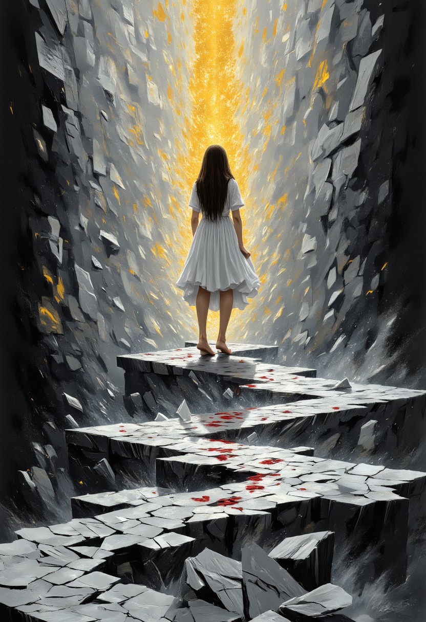 masterpiece, best quality, highres, realistic, best quality,
score_9, score_8_up, score_7_up, 
Artwork, surrealism, fantasy. combined. long winding path made of many sharp shards of glass. Isolated drops of blood can be seen on the shards of glass. At the end of the path there is a woman with long hair. dressed in a white dress that gives the woman an innocent impression. barefoot. without shoes. there is blood on the feet. turned away from the viewer. The background is an abstract mix of black, gray, white, gold and red tones.  dreamy, ethereal atmosphere in the background.
vivid color, vivid background
aidmamj6.1, aidmaimageupgrader