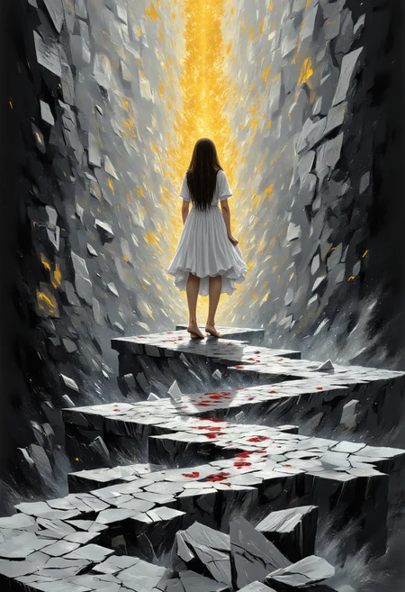 masterpiece, best quality, highres, realistic, best quality,
score_9, score_8_up, score_7_up,
Artwork, surrealism, fantasy. combined. long winding path made of many sharp shards of glass. Isolated drops of blood can be seen on the shards of glass. At the end of the path there is a woman with long hair. dressed in a white dress that gives the woman an innocent impression. barefoot. without shoes. there is blood on the feet. turned away from the viewer. The background is an abstract mix of black, gray, white, gold and red tones. dreamy, ethereal atmosphere in the background.
vivid color, vivid background
aidmamj6.1, aidmaimageupgrader