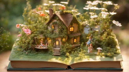 diorama, cute scene of Thumbelina's house on a book, Miyazaki style <lora:sasuichani-000002:0.8>
