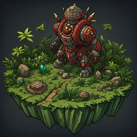 1 island, green to lime color, jungle, many leafs, lakes, swamp, (rocky stone ruins:0.8), overgrown wide, plain darkgray to gray background, mecha rusty parts, (((thick outlines:2.2))), (magic gemstone glowing red:1.2)