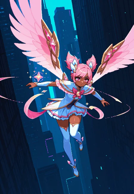 score_9, score_8_up, score_7_up, score_6_up,high quality,masterpiece,uhd,dramatic effect,cinematic effect, ,pixel art, pixel
SG_T4liy4h, dark skinned, pink hair, pink magical girl, bowtie, pink eyes, twin drills, ribbon, armor trim, bodysuit, freckles, hair ornament, white thighhighs, pink wings,
flying, futuristic city, neon color,