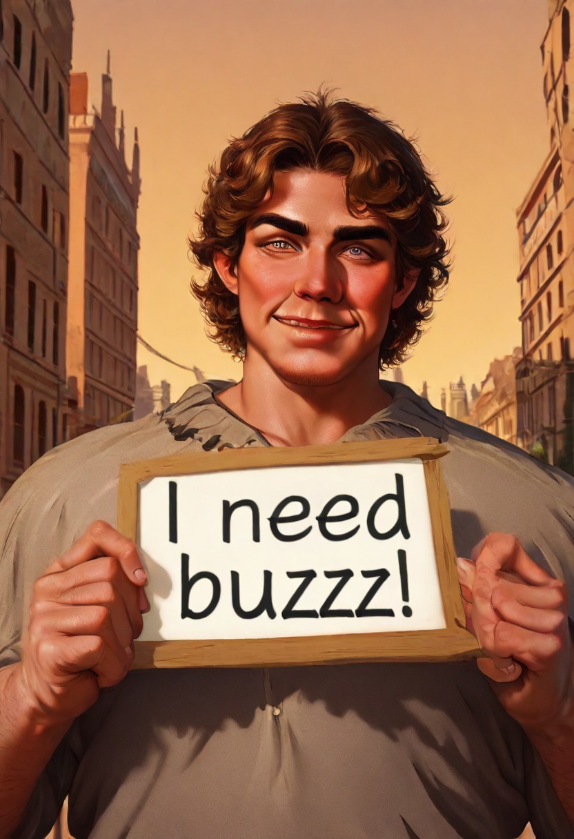 Male focus Young ansome Roman stud muscles holding sign"I need buzz", brown curly short hair with Roman ivy crown, wearing Roman togua, city of Rome on back round. With disappointed smug apression, no cartoon more realistic, high quality details, best quality images