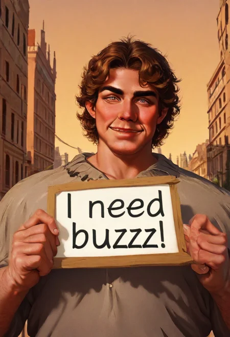 Male focus Young ansome Roman stud muscles holding sign"I need buzz", brown curly short hair with Roman ivy crown, wearing Roman togua, city of Rome on back round. With disappointed smug apression, no cartoon more realistic, high quality details, best quality images