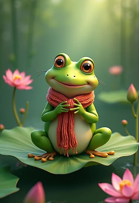 A Disney-style frog sitting on a lotus leaf, knitting a scarf with needles. The frog's expression is joyful and focused, with its tiny hands carefully working on the scarf. Surrounding it are blooming lotus flowers, adding soft pinks and whites to the vibrant green setting. The scene is whimsical and enchanting, with the frog's scarf growing longer as it knits, creating a charming, magical atmosphere in the style of animated Disney films