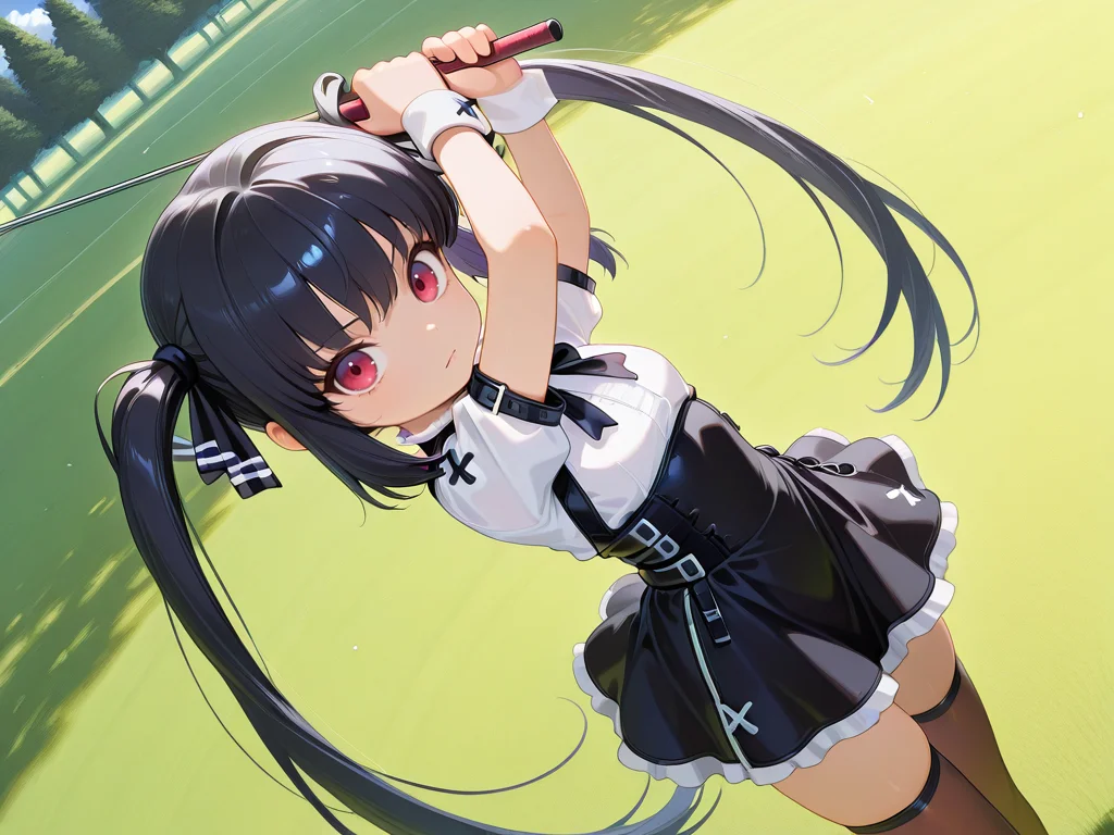 <lora:IL_kooh:0.8>,1girl,solo,pgy_ko,kooh/(pangya/),goth fashion,brown thighhighs,dutch angle,buckles,white wrist cuffs,white high neck blouse,bowtie,bow back,very long hair,<lora:IL_golf:1>,gf_pl,standing,swinging,golf club,holding golf club,golf course,close-up of face,from above,looking at viewer,foreshortening,cowboy shot,, masterpiece,best quality,amazing quality,very aesthetic,absurdres,