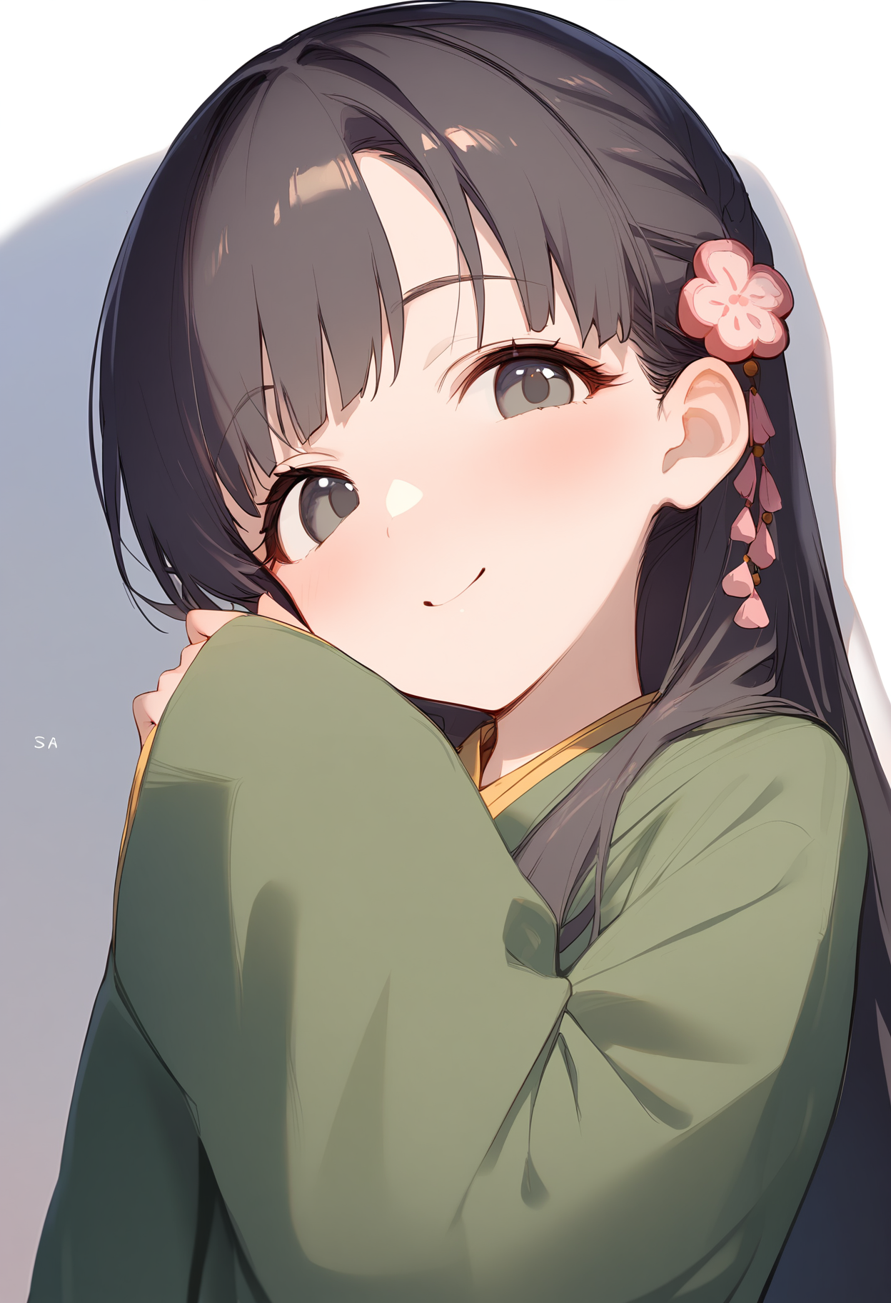 1girl,green kimono,kobayakawa sae,solo,blush,simple background,smile,looking at viewer,white background,character name,long sleeves,sleeves past wrists,upper body,wide sleeves,<lora:a31_char_new_kobayakawa_sae:1>masterpiece, best quality, absurdres<lora:a31_style_koni-000010:0.8>