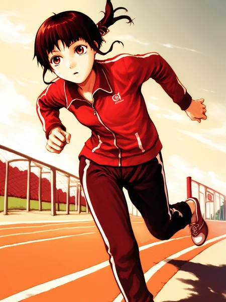 score_9, score_8_up, score_7_up, score_anime, rating_explicit, uncensored, BREAK, 1girl, <lora:yoshitoshi_ABe_Style_PDXLv1.1:0.8> abe yoshitoshi style, solo, brown hair, brown eyes, track suit, track pants, running, iwakura lain,