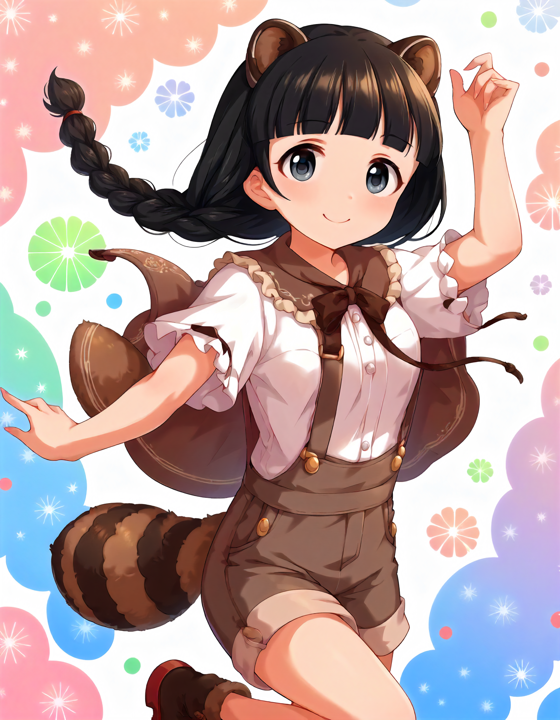 score_9,score_8_up,score_7_up,1girl,solo,jumping,looking at viewer,smile,patterned background,raccoon ears,raccoon tail,arms at sides,
<lora:ujiiemutsumi_ponyXLV6:0.8>,cgum,black hair,single braid,blunt bangs,grey eyes,
brown capelet,white shirt,brown overalls