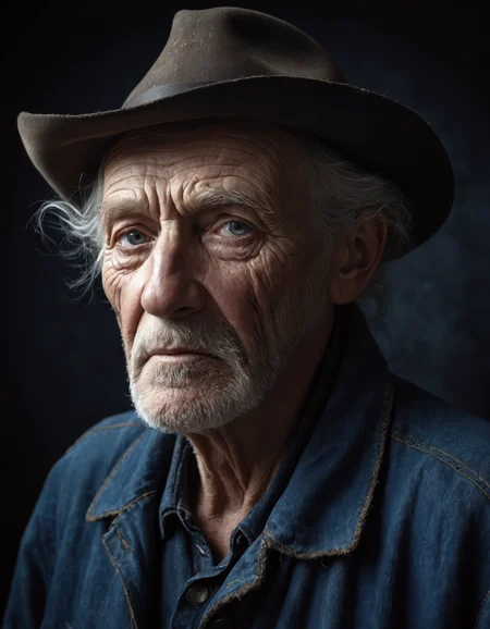award-winning masterpiece, emotional of photo of old man in rugged bluesman clothes, looking at viewer, portrait, (skin pores:1.2), (moles:0.8), (imperfect skin:1.1), high-quality, super-detailed, in the style of dark cinematic fine-art portraits, dramatic lighting, soft shadows, rich textures, moody atmosphere