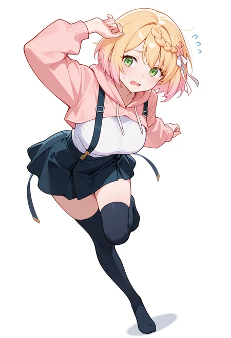 masterpiece,high quality details, absurdres,
<lora:Sakura_Mochida:0.8>
sakuram_cnr, 1girl, blonde hair, pink hair, gradient hair, short hair,braid,green eyes,large breasts,hair ribbon,hair ornament, hair flower,enh_cnr,, simple background, white background, dynamic angle,solo,, nervous,despair,, xd,, one foot on tiptoe,one arm raised vertically,one leg extended forward,, cropped hoodie ,cardigan ,suspender skirt, ,var-legwear,
