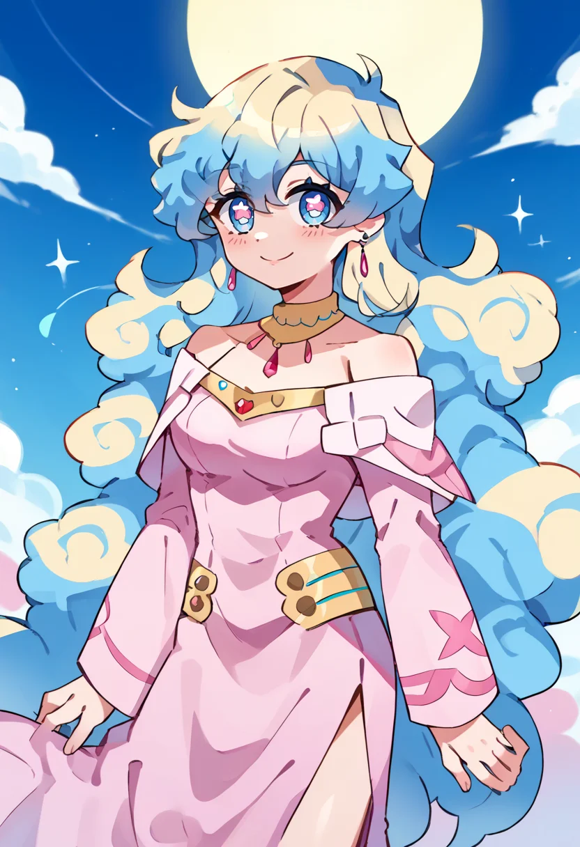 score_9, score_7_up, source_anime, BREAK smile, <lora:NiaS2-000009:1> nias2, 1girl, blue eyes,symbol-shaped pupils, very long hair, blonde hair, blue hair, two-tone hair, medium breasts, earrings, jewelry, pink dress, bare shoulders, long sleeves,
<lora:Momoiiroo_Art_Style_PonyXL:1> momoiiroo,