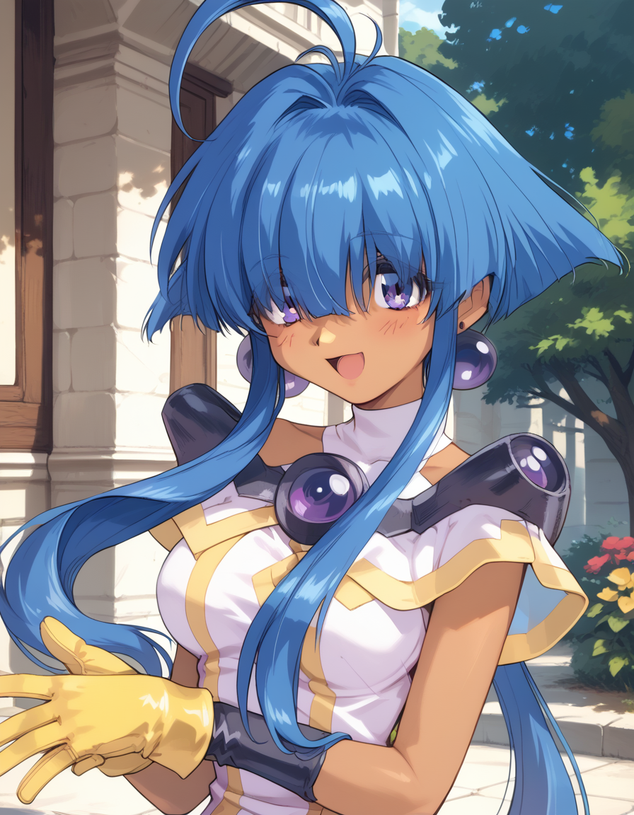 cacao, long_bangs, hair over eyes, long hair, short hair with long locks, blue hair, sidelocks, dark-skinned female, ahoge, dark skin, thigh gap, medium breasts
earrings, jewelry, underwear, purple_dress, dress, white panties, yellow gloves, boots
1990s (style), retro artstyle,
<lora:cacao_lambda_pony_v1:1>
standing, dynamic pose ,
open mouth, blush,light smile
looking at viewer,(upper body, close-up:1.3),
outdoors,, masterpiece, best quality, score_9, score_8_up, score_7_up, best quapoty, highres, absurdres, source_anime, zPDXL2, 1girl,