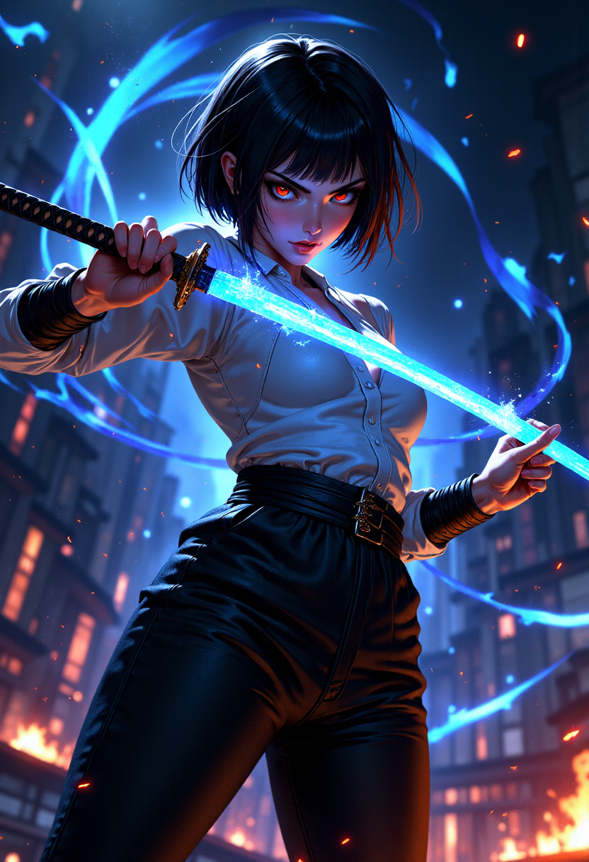 mythp0rt, A woman in black pants and a white top wields a glowing blue katana. Her short black hair partially obscures her intense, red-eyed gaze. Sparks and embers fly around her in the dimly lit, blurred background. Anime style, high contrast, and saturated colors.
<lora:FluxMythP0rtr4itStyle:0.8>