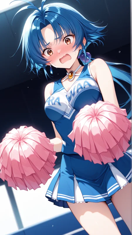 source_anime, general, best quality, masterpiece, 1girl, <lora:Aria_Advance_ill_v1.1:1> aria_advance\(srw\), brown eyes, blue hair,medium breasts,long hair,low ponytail , jewelry,earrings,cheerleader, flustered, (embarrassed:0.8), dynamic pose, dutch angle,