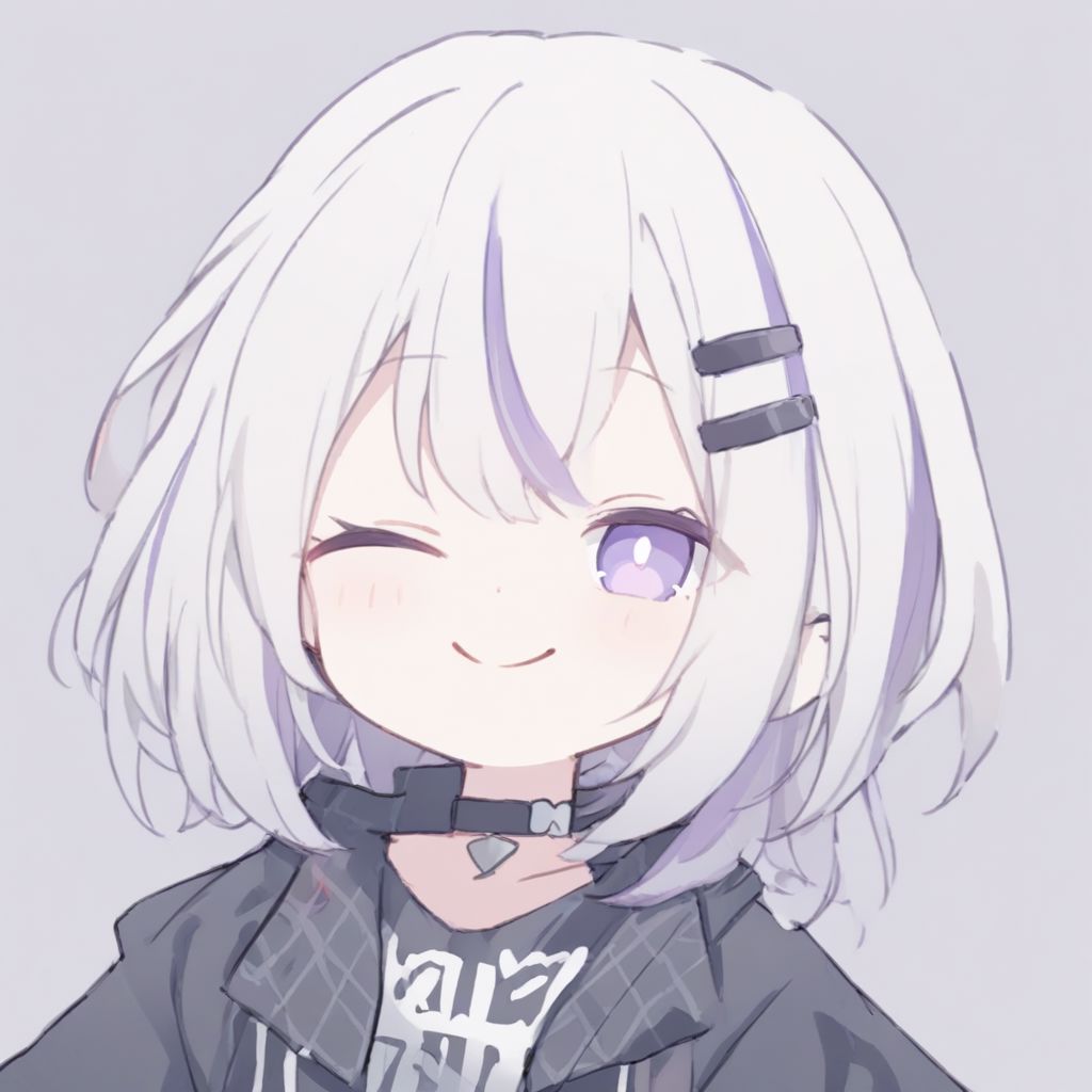 1girl,solo,purple eyes,multicolored hair,portrait,white hair,streaked hair,purple hair,short hair,looking at viewer,hair ornament, black jacket,hairclip,choker,bandaid,collar,closed mouth,chibi,so-style, smile, happy, laughing with eyes closed