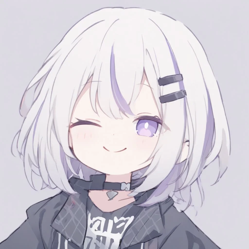 1girl,solo,purple eyes,multicolored hair,portrait,white hair,streaked hair,purple hair,short hair,looking at viewer,hair ornament, black jacket,hairclip,choker,bandaid,collar,closed mouth,chibi,so-style, smile, happy, laughing with eyes closed