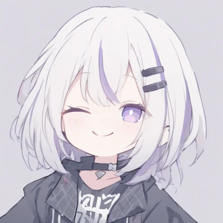 1girl,solo,purple eyes,multicolored hair,portrait,white hair,streaked hair,purple hair,short hair,looking at viewer,hair ornament, black jacket,hairclip,choker,bandaid,collar,closed mouth,chibi,so-style, smile, happy, laughing with eyes closed