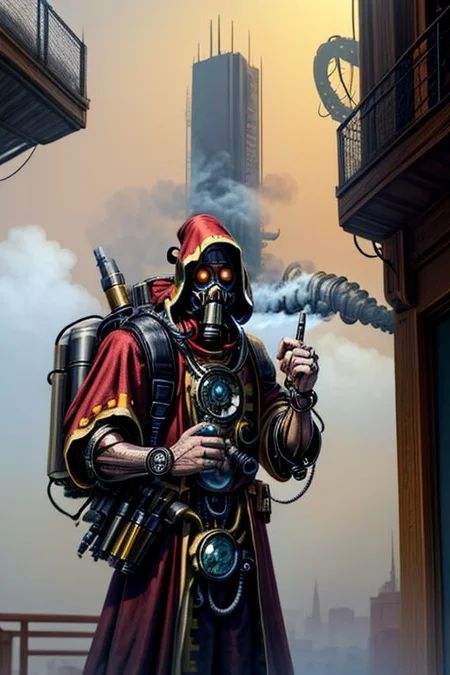 ((masterpiece,best quality)), absurdres, BREAK
mechanical arms, robes, hood, BREAK
((techpriest)), cyborg, mechanical face, mechanical limbs, gas mask, mechanical tentacles, (mechanical backpack), BREAK
1other, solo, holding pistol, firearm, handgun, pistol, gun, BREAK
factory background, smoggy sky, air pollution, smokestacks, BREAK
(1boy, from_side, writing, lofistudy)
