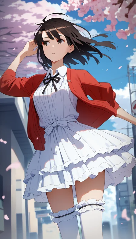 score_9,score_8_up,score_7_up,
<lora:megumikato:0.9>,
katomegumi,
1girl,solo,black hair,bangs,short hair,brown eyes,looking to the side,parted lips,red cardigan,white blouse,black bow tie,white layered ruffle skirt,white thigh socks with trim,cowboy shot,wind blowing hair,from below,
blurry background,bloom,outdoors,blue sky,cloud,light particles,street,lens flare,cherry blossoms,street,
