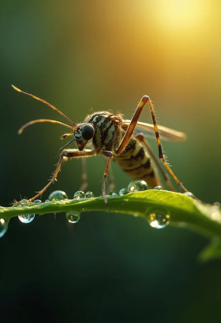 hyper realistic detailed image, (((mosquito: 1.4))), nimble, [sun shine on dew drops], epic, cinematic photography with sharp focus, 16k hdr, volumetric lighting, depth of field, hyper realism of fog and haze, vivid colors and textures, unique examples of nature as shown by the artist, very stunning landscapes