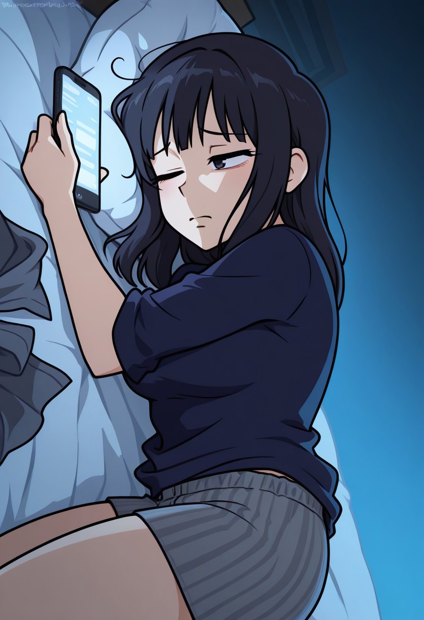 high res, extremely detailed,night,  extreme face closeup,dark room, using cellphone, lying on side, soft blue led lights,cellphone turn off, locked phone,1female (tired, sad, sleepy,), straight hair, black hair, large blue shirt(worn shirt, old shirt, grey stripped boxers), dynamic angle, face closeup, cowboy shot, lying on bed, sleepy,