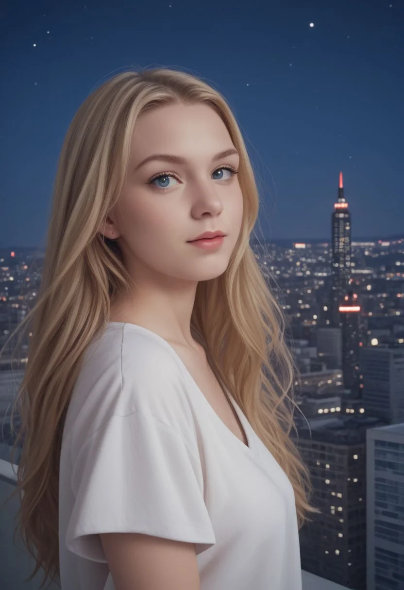 (Score_9,score_8_up, score_7_up:1.6),(source_anime:1.5),(rating_safe:1.5),(nigth scene:2.0), (( in exterior rooftop night city:2.0)),high definition, 35mm, ( detalled:1.5), 1girl, detailed face ,blue eyes , blonde hair, ,Long hair,Beutyfull