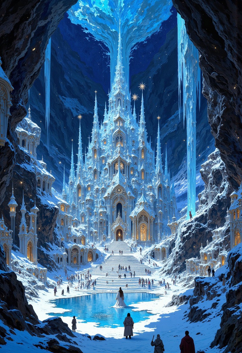 A fantasy world with ice crystal buildings, waterfalls, and glowing crystals, a night sky, and blue lighting effects. In the center of an underground city surrounded by white mountains is a frozen silver lake. The palace has intricate details, shimmering in the light, and many delicate snowflakes fall from it. A magical atmosphere surrounds the scene. It's like being inside a dreamy fairy tale. The focus is on a fantastical, ultra-detailed concept art piece.
Oil Painting, surreal, digital artwork, 
Impressionism, impressionist painting, loose brushwork, light and shadow play, captures feeling over form, 
figure-studies, oil-painting, romanticism, painting,  elegance, opulence,
beautiful, painterly, detailed, textural, artistic, aesthetic, intricate details, highly detailed, vivid, vibrant, 
mythp0rt, DB4RZ, DB4RZ style painting